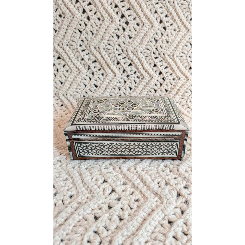 Vintage Mosaic Marquetry Wood Jewelry Box Mother of Pearl Inlay Keepsake